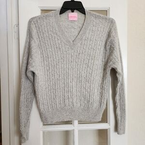 CRUSH 100% Cashmere Cable-Knit V-Neck Sweater Minimalist Soft Cozy Gray Medium